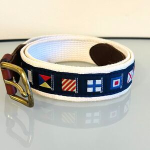 Vintage Leather Man Nautical Flag Belt 38" Brass Buckle USA Preppy 80s 90s